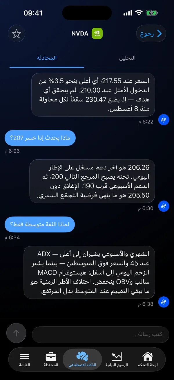 شاشة محادثة بالذكاء الاصطناعي تجيب عن أسئلة متابعة حول تحليل NVDA